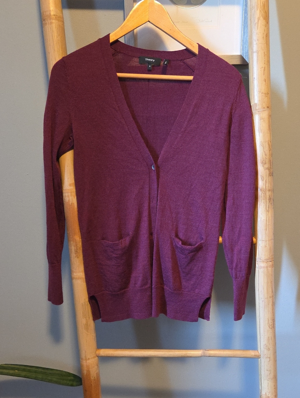 Theory Women's Plum V-Neck Pocket Cardigan
